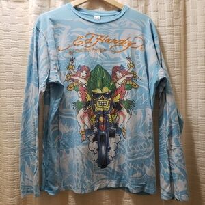 Ed Hardy Christian Audigier Long Sleeve Flocked T Shirt Tiger Skulls XL Blue